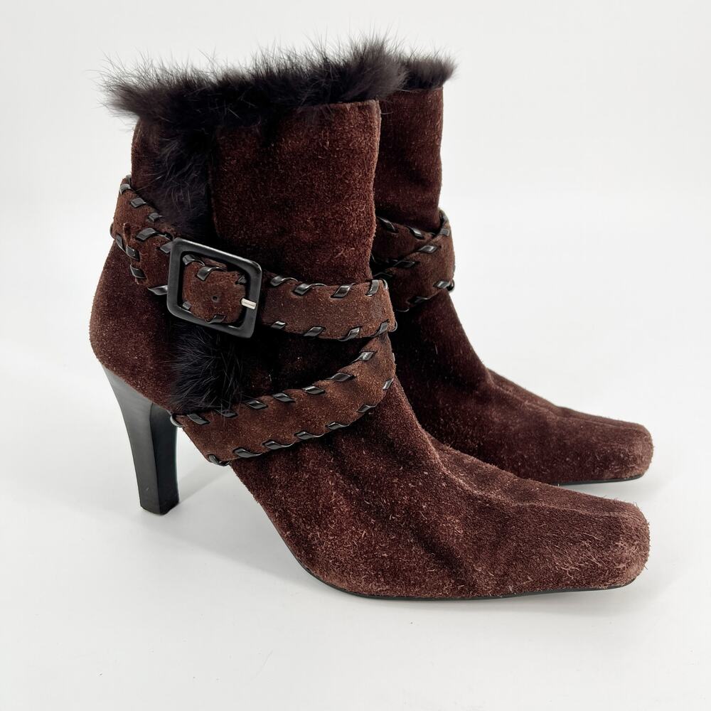 New York Transit Fur Trim Boots Womens 8.5 Brown Suede Leather Square Toe Heeled
